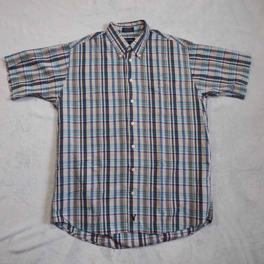 Viyella Sz L Linen Blend Short Sleeve Plaid Shirt Men Made in Canada